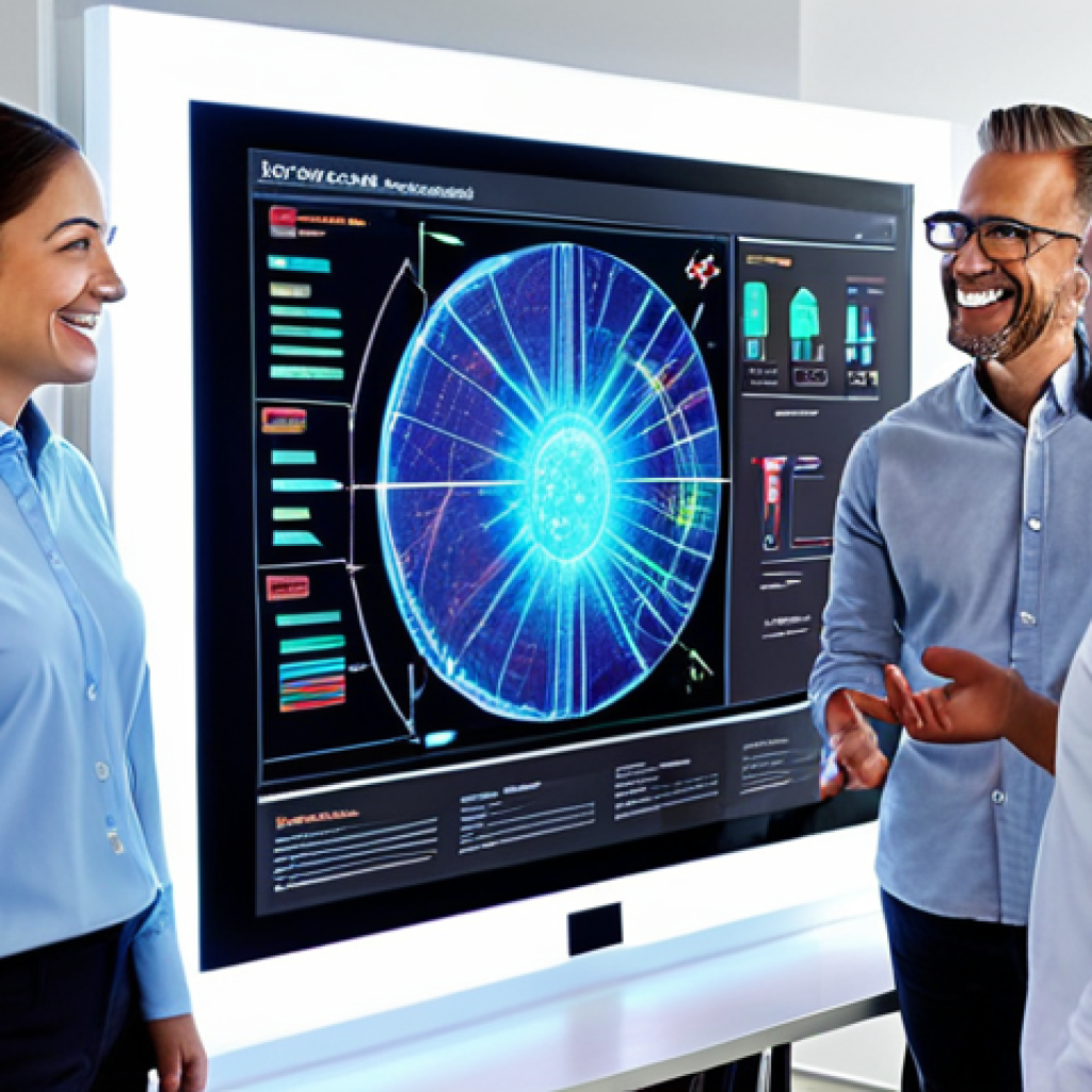 ** A diverse group of professionals (marketing, teacher, engineer) joyfully collaborating around a holographic display showcasing AI algorithms and data visualizations. The scene is bright and optimistic, representing a successful career shift.

**
