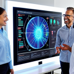 ** A diverse group of professionals (marketing, teacher, engineer) joyfully collaborating around a holographic display showcasing AI algorithms and data visualizations. The scene is bright and optimistic, representing a successful career shift.

**