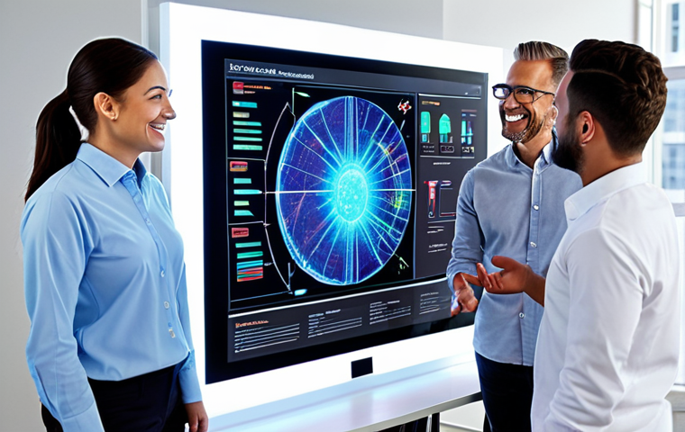** A diverse group of professionals (marketing, teacher, engineer) joyfully collaborating around a holographic display showcasing AI algorithms and data visualizations. The scene is bright and optimistic, representing a successful career shift.
**