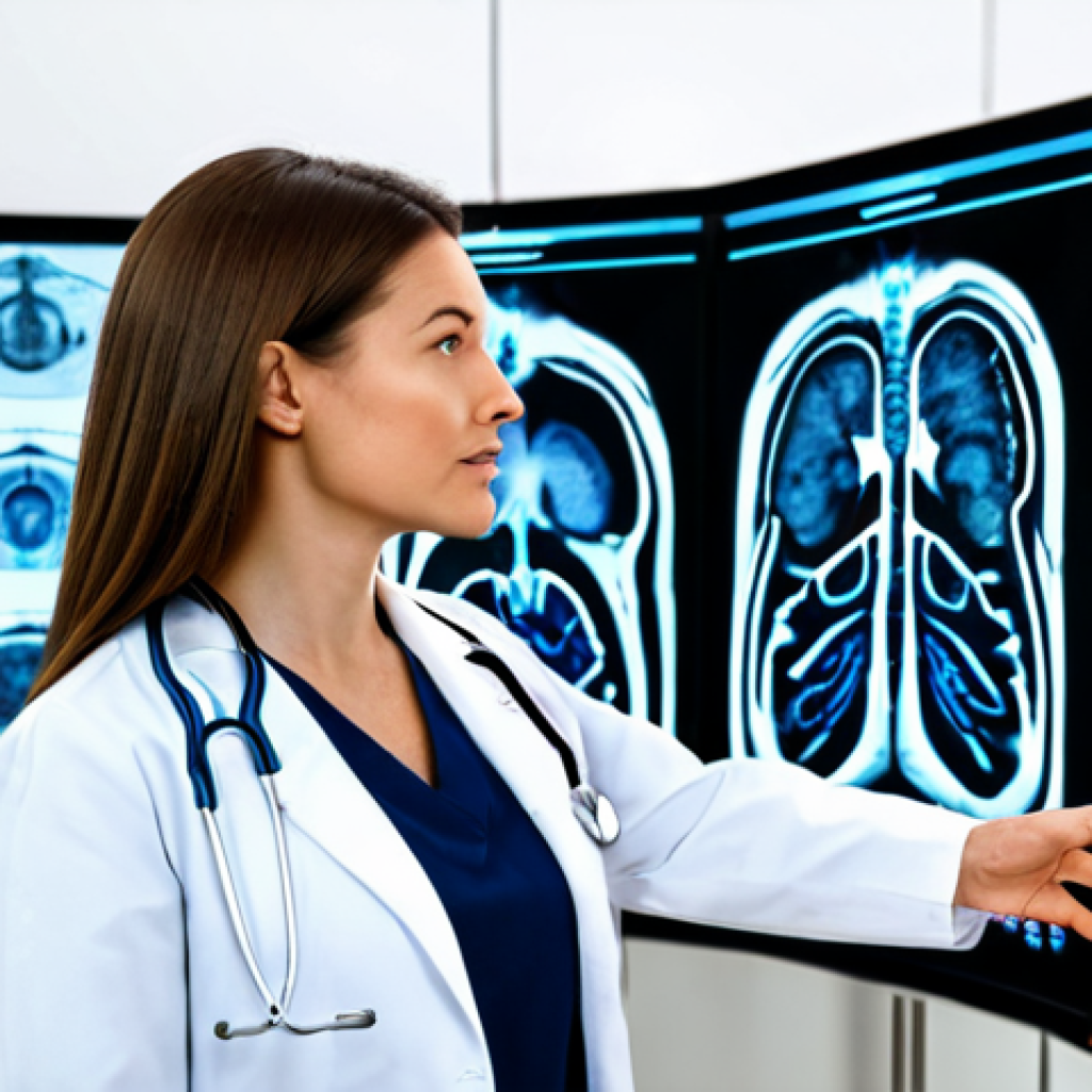 A professional female doctor in a modest white lab coat, standing confidently beside a large, illuminated holographic display. Her hands are elegantly gesturing towards complex, detailed 3D medical scans (such as a lung CT or a brain MRI) which are overlaid with transparent AI-generated analytical highlights and precise data points. Her expression is focused, thoughtful, and professional. The environment is a futuristic, clean, and brightly lit medical diagnostic center, featuring sleek, modern equipment and soft ambient lighting that emphasizes cutting-edge technology. The scene conveys innovation and precision in medical diagnosis. Fully clothed, appropriate attire, safe for work, professional dress, perfect anatomy, correct proportions, natural pose, well-formed hands, proper finger count, natural body proportions, professional photography, high detail, realistic, medical illustration style.