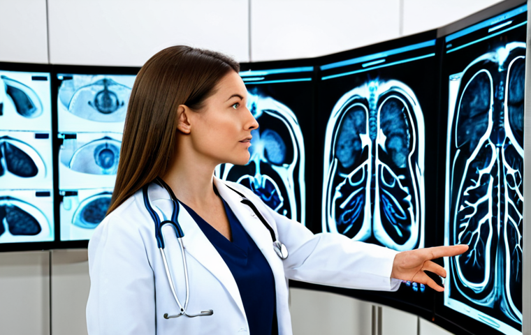 A professional female doctor in a modest white lab coat, standing confidently beside a large, illuminated holographic display. Her hands are elegantly gesturing towards complex, detailed 3D medical scans (such as a lung CT or a brain MRI) which are overlaid with transparent AI-generated analytical highlights and precise data points. Her expression is focused, thoughtful, and professional. The environment is a futuristic, clean, and brightly lit medical diagnostic center, featuring sleek, modern equipment and soft ambient lighting that emphasizes cutting-edge technology. The scene conveys innovation and precision in medical diagnosis. Fully clothed, appropriate attire, safe for work, professional dress, perfect anatomy, correct proportions, natural pose, well-formed hands, proper finger count, natural body proportions, professional photography, high detail, realistic, medical illustration style.