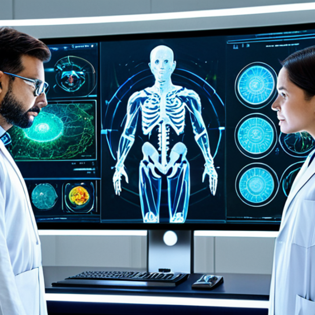 AI 연구와 산업 간의 협력 사례 - **प्रॉम्प्ट:** Modern AI research lab, scientists collaborating on a holographic display, complex al...