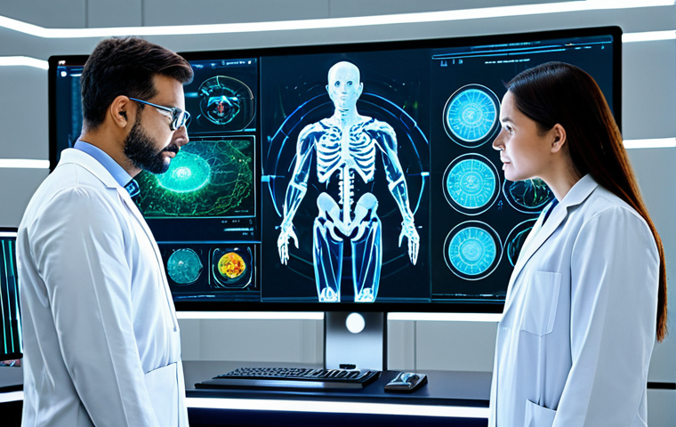 AI 연구와 산업 간의 협력 사례 - **प्रॉम्प्ट:** Modern AI research lab, scientists collaborating on a holographic display, complex al...