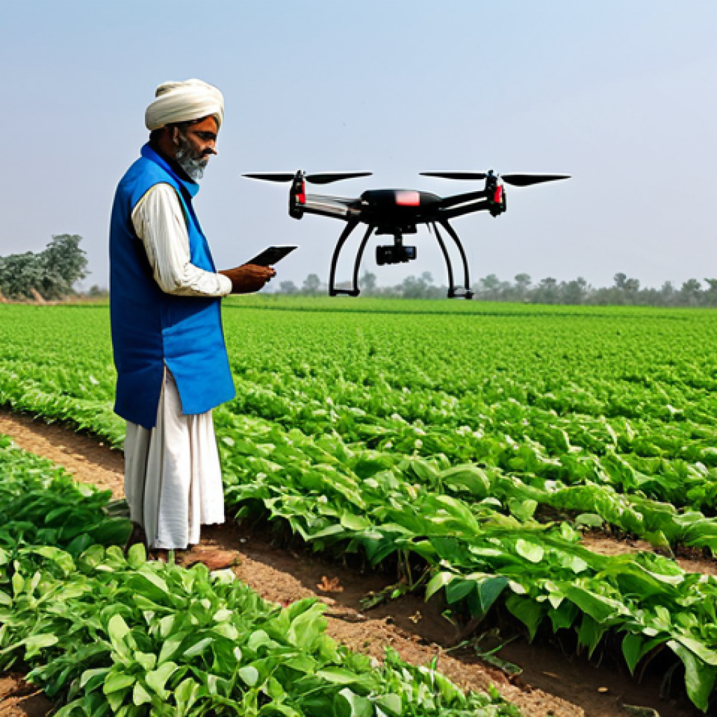 AI와 드론 기술의 융합 사례 - **
"A farmer in a rural Indian setting, inspecting crops with an AI-powered drone hovering nearby, ...