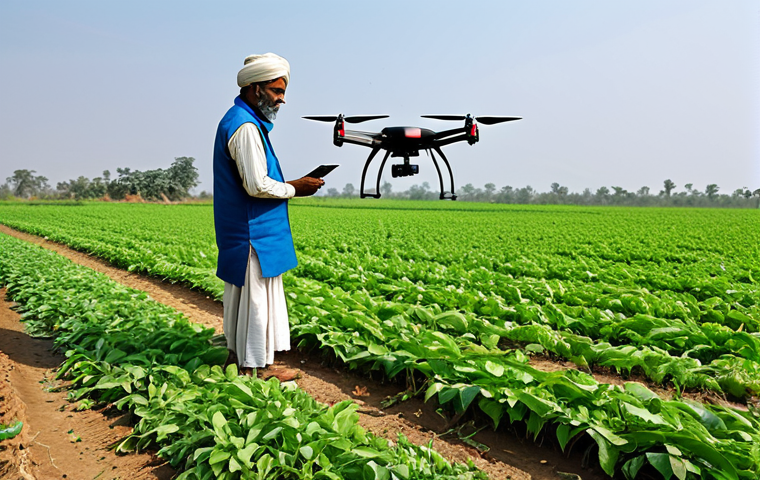 AI와 드론 기술의 융합 사례 - **
"A farmer in a rural Indian setting, inspecting crops with an AI-powered drone hovering nearby, ...