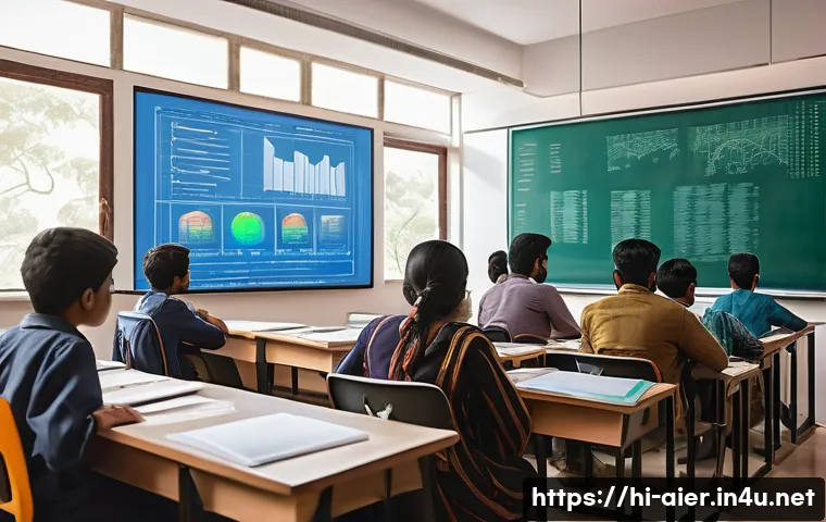 인공지능 학습 중점 과목 추천 - An intricate classroom scene illustrating the fundamentals of machine learning algorithms, featuring...