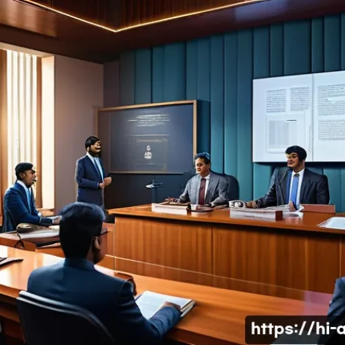 Home 33 AI 관련 특허와 저작권 이슈 - A detailed courtroom scene in a modern Indian setting, featuring a diverse group of lawyers and judg...