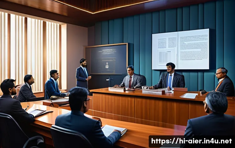 AI 관련 특허와 저작권 이슈 - A detailed courtroom scene in a modern Indian setting, featuring a diverse group of lawyers and judg...