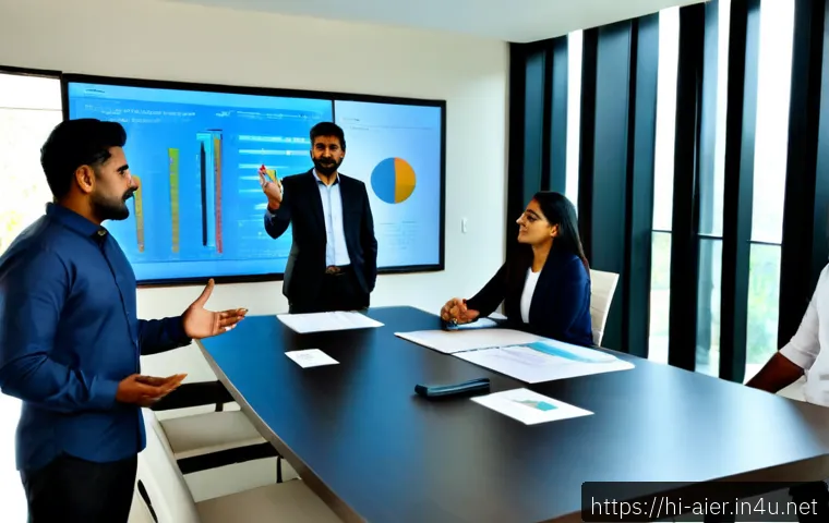 인공지능 프로젝트 사례 분석 - Photorealistic Indian business team analyzing an artificial intelligence project case study, diverse...